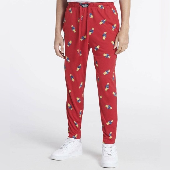 Ralph Lauren bear print joggers pajama pants drawstring logo patch football polo - Picture 2 of 11